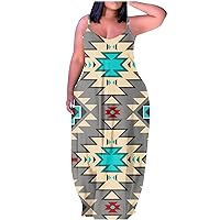 Women's Plus Size Maxi Dress with Pockets Summer Casual Vintage Western Aztec Ethnic Style Geometric Print Sleeveless Dress