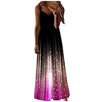 Women's Flowy Dress Beach Print Sleeveless Long Floor Maxi Round Neck Glamorous Casual Loose-Fitting Summer Swing