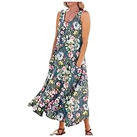 Womens 2024 Fashion Casual Sleeveless Print Round Neck Dress with Pockets Cotton Linen Flowy Vacation Dresses