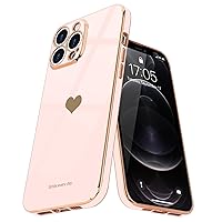 Teageo for iPhone 12 Pro Case for Women Girl Cute Love-Heart Luxury Bling Plating Soft Back Cover Raised Full Camera Protection Bumper Silicone Shockproof Phone Case for iPhone 12 Pro, Light Pink