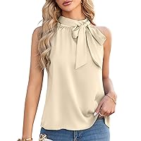 JASAMBAC Women's Summer Sleeveless Top Tie Mock Neck Bow Loose Tank Top Dressy Casual Business Blouse