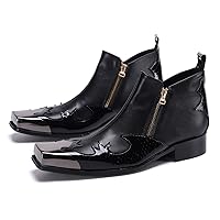 Mens Chelsea Boots Black Leather Casual Square Toe Metal Tip Zipper Shoes