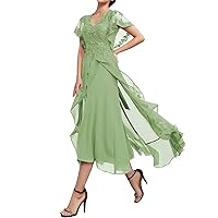 V-Neck Mother of The Bride Dresses Chiffon Short Sleeve Evening Gowns High Low Wedding Guest Dresses for Women