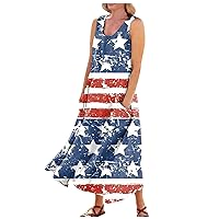 Women's July 4th Patriotic Amercian Flag Maxi Dress Casual Independence Day Sleeveless Cotton Dress with Pocket