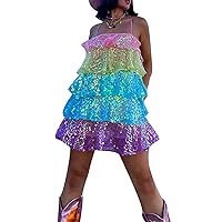 Women Rainbow Sequin Dress Y2K Sexy Sleeveless Low Back Shinny Colorful Tiered Prom Disco Dance Mini Dress