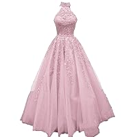 Halter Long Prom Dresses Lace Applique A Line Evening Party Gown