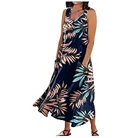 Summer Vacation Dresses Linen Dress for Women 2024 Bohemian Print Sparkly Fashion Loose Fit with Sleeveless U Neck Summer Dresses Navy Large
