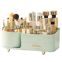 Makeup Organizer, Rotating Makeup Organizer for Counter with Drawer, Large Capacity Vanity Makeup Organizer, Make Up Organizer for Cosmetic, Skincare, Lipstick (2 Tiers, Green)
