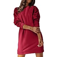 Womens Casual Summer Dress Ladies Round Neck Long Sleeve Sweater Dress Solid Color Fleece Loose Casual Dress