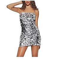 Women's Glitter Sequin Bodycon Dress Sexy Tube Top Spaghetti Strap Mini Party Homecoming Sparkly Dresses Night Out