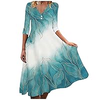 Women's Casual Floral Print Wavy V-Neck Button 3/4 Sleeve Spring Autumn Dress