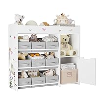 Kids Bookshelf, Toy Storage Organizer with Bookcase, Children's Toy Shelf with 9 Bins for Children's Room, Playroom, Hallway, Kindergarten, School White