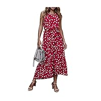Women's Summer Sleeveless Off Shoulder Dress Polka Dot Print Irregular Long Dress with Belt