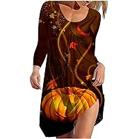 Plus Size Casual T Shirt Dresses for Women Halloween Print Mini Dress Long Sleeve Crewneck Flowy Swing Tunic Dress