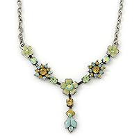 Vintage Inspired Green, Olive Enamel, Crystal Floral Y- Shape Necklace In Pewter Tone - 36cm L/ 4cm Ext
