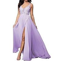 V Neck Lace Bodice Prom Dresses A-Line High Slit Evening Party Gowns