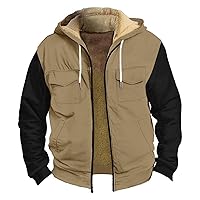 Mens Fleece Jacket Color Block Full Zip Hoodie Fuzzy Fleece Lined Jacket Lightweight Work Sweatshirts Winter Coats
