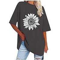 Oversized Tees for Women Summer Sunflower Print Tops Short Sleeve Tshirt Shirts Flower Lover Casual Crew Neck Blouse