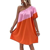 Women's 2023 Summer Dress Two Tone Puff Sleeve One Shoulder Short Dresses (Color : Multicolor, Size : X-Large)