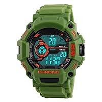 FeiWen Men's Outdoor Sports Military Digital Watches Plastic Shell with Rubber Strap 50 m Waterproof LED Large Dial Wrist Watches, Green, Green, Strap.