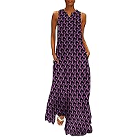 Breast Cancer Pink Ribbon Women's Long Dress Casual Sleeveless Maxi Dress Swing Dresses with Pockets L