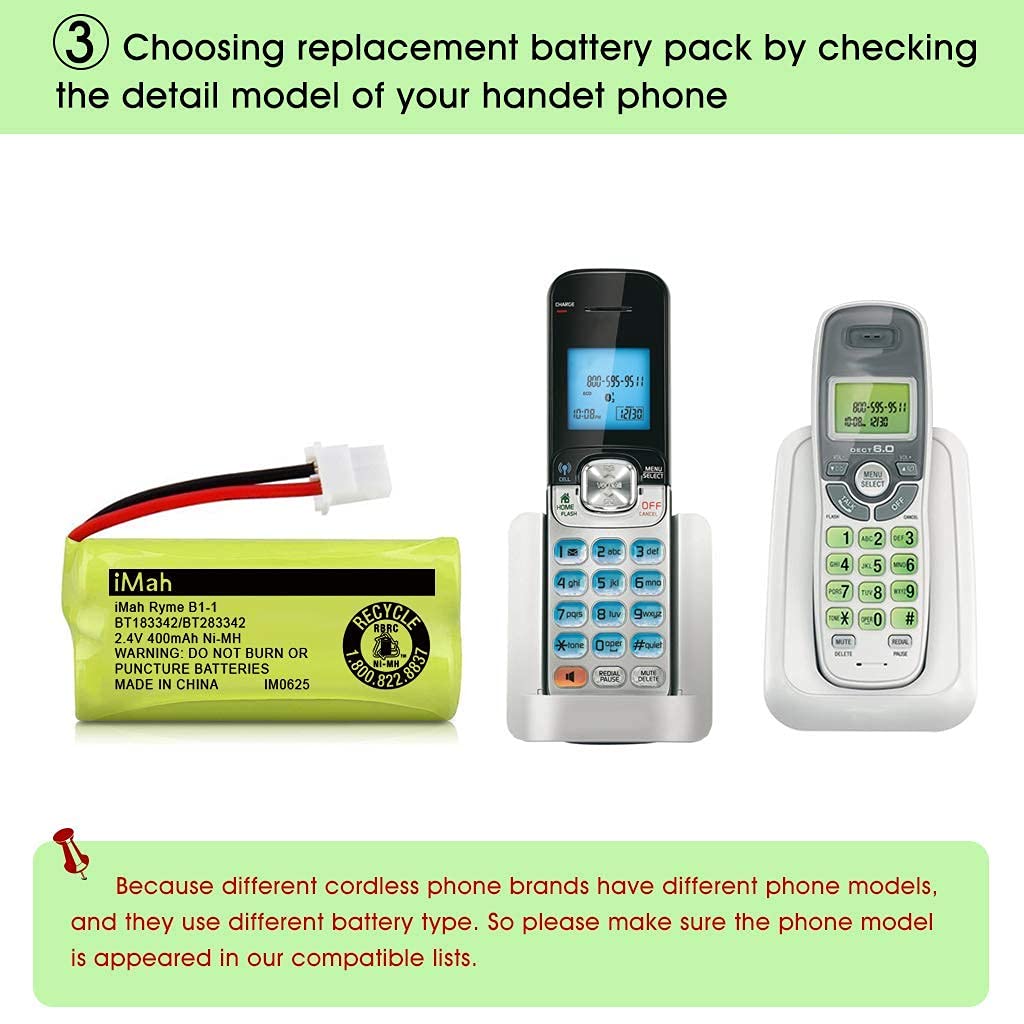 iMah BT183342/BT283342 2.4V 400mAh Ni-MH Battery Compatible with AT&T CL82207 EL52100 EL50003 VTech CS6709 CS6609 CS6409 BL102-3 Handset Replace Battery BT166342 BT266342 BT162342 BT262342, 2-Pack