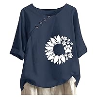XJYIOEWT Holiday Tops Women Casual Button Cute Sunflower Print O Neck Short Sleeve T Short Blouse Tops Woman Tees