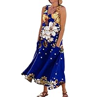 Spring Dresses for Women 2024 Printed Flowy Dress with Pocket Sleeveless Casual Beach Dress Vacation Trendy Sun Dress