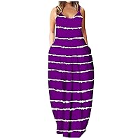Women's Casual Dress Printing Camisole Maxi Dress Long Dress Baggy Loose Dress Sleeveless with Pocket Summer Sundress Daily Wear Streetwear(17-Purple,12) 0534