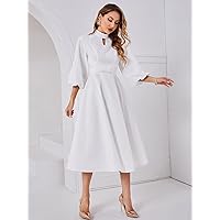 Women Dresses Keyhole Neck Peekaboo Front Bishop Sleeve Dress (Color : White, Size : X-Small)