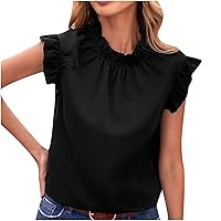 Womens Frill Mock Neck Blouse Ruffle Trim Cap Sleeve Fashion Tops Summer Casual Loose Fit Dressy Solid Color T-Shirts