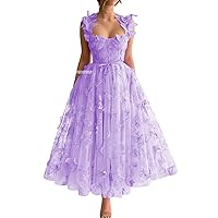 Women's Tulle Prom Dresses Long 3D Butterfly Spaghetti Straps Formal Evening Gowns with Slit Tea Length Party Dress