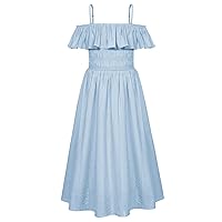 GRACE KARIN Girls Off Shoulder Sleeveless Ruffle Dress Spaghetti Straps Smocked A-Line Midi Dress 5-12Y