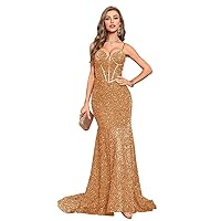 2024 Mermaid Evening Dresses Sequin Spaghetti Straps Party Gowns Court Train Drawstring Back Prom Dresses