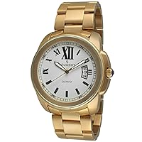Peugeot Mens 14K Gold Plated Stainless Steel Luxury Watch with Roman Numerals Dial, Date Feature and Bracelet