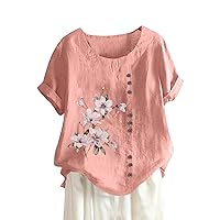 Women's Fashion Casual Temperament Round Neck Vintage Cotton and Solid Summer Tops Loose Fit Blouse