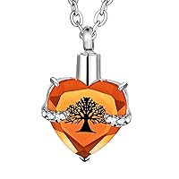 Life Tree in Heart Birthstone Urn Necklace for Ashes Memorial Keepsake Stainless Steel Cremation Jewelry