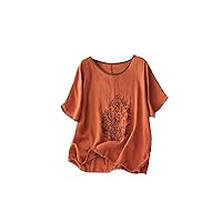 Women's Cotton Linen T-Shirt Vintage Embroidery Short Sleeve Casual Loose O-Neck Tee Top