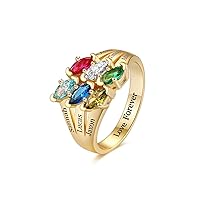 10K/14K/18K Gold Natural Diamond Personalized Birthstone Rings for Women Custom Engraved 2-6 Names Ring for Mom Mothers Ring with 1-6 Birthstones