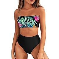 Pink Queen 2 Piece Bikini Sets for Women Swimsuit High Waisted High Cut Tummy Control Bathing Suit Floral Black 2XL