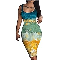 Sexy Bodycon Dresses for Women Summer Plus Size Landscape Print Knee Length Midi Dress Square Neck Sleeveless Dresses