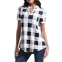 Andongnywell Women's Casual Short Sleeve Plaid Tunic T Shirt Plaid Printed V Neck Pullover Blouses Tops Blouse