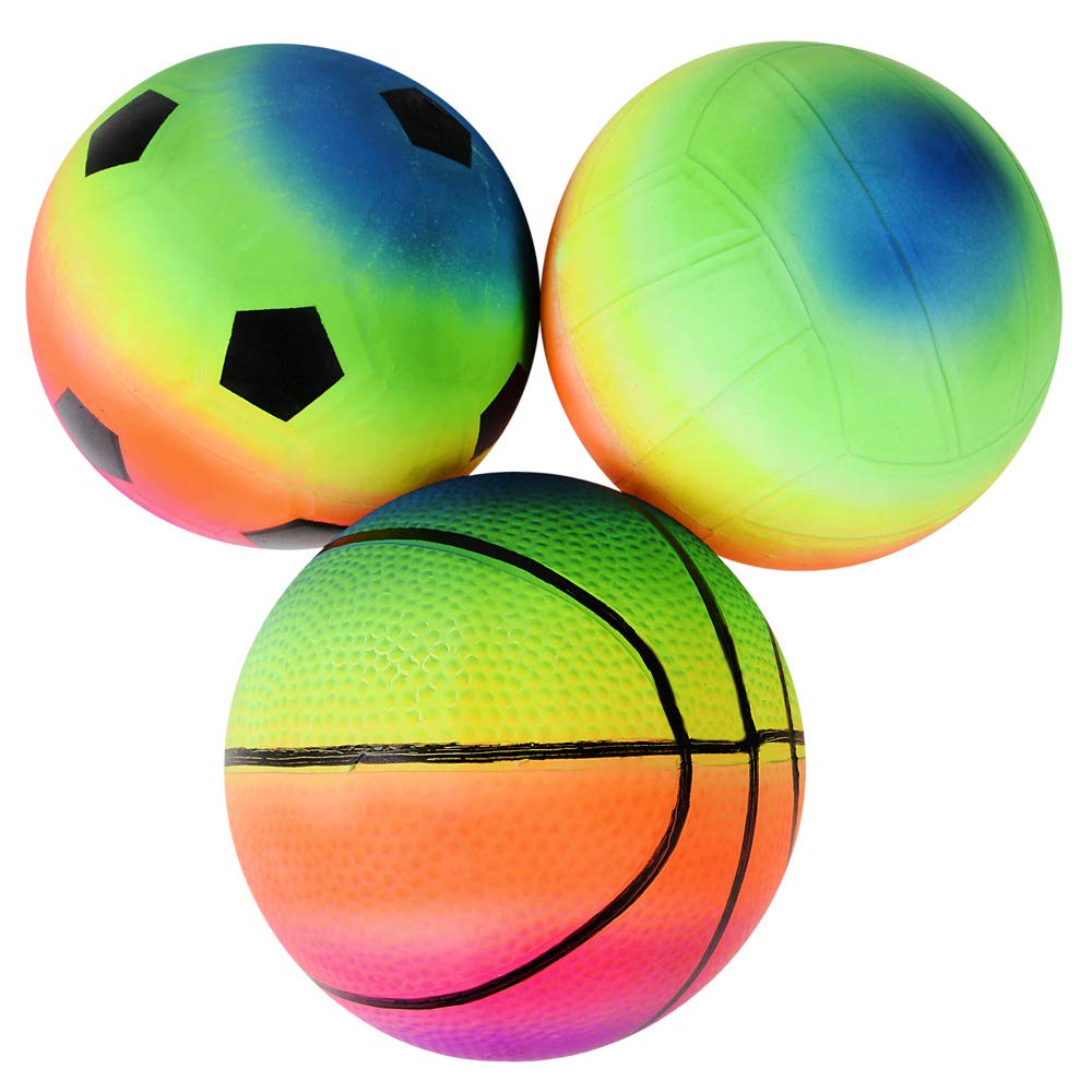 Mini Rainbow Sports Balls - 6 Inch (Pack of 4) Inflatable Vinyl Balls for Kids and Toddlers with Hand Air Pump, Neon Basketball, Soccer Ball, and Volleyball for Playground, Indoor and Outdoor Use