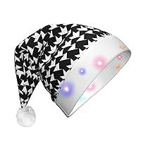 Houndstooth Black Christmas Hat Novelty Plush Santa Hat with LED Lights Xmas Hat for New Year Festive Party