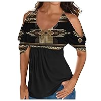 Plus Size Womens Ethnic Babydoll Cold Shoulder Tops Summer Batwing Short Sleeve Spaghetti Strap Crewneck Shirts