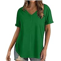 Oversized T Shirts for Women Summer Crewneck Rolled Sleeve Basic Tops Loose Fit Tshirt Solid Color Casual Work Blouses
