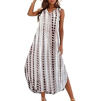 Zilcremo Women's Summer Casual Loose Sundress Long Dress Sleeveless V Neck Split Tshirt Maxi Dresses