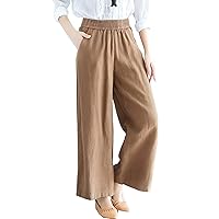 Flygo Women's Casual High Waisted Wide Leg 100% Linen Pants Trousers