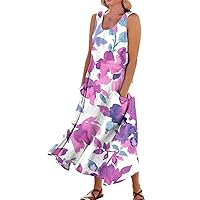 Cotton Linen Dresses for Women Casual Summer Floral Dress for Women 2024 Summer Bohemian Print Casual Loose Fit with Sleeveless U Neck Linen Dresses Dark Purple Medium
