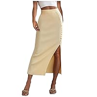 Women's Button Side Pencil Skirt High Waist Bodycon Midi Skirt Split Solid Color Office Skirts Ladies Mid Length Outfits